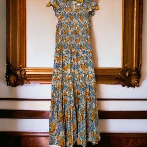 SEA Smocked Tiered Floral Cotton Silk Blend Dress Size 4